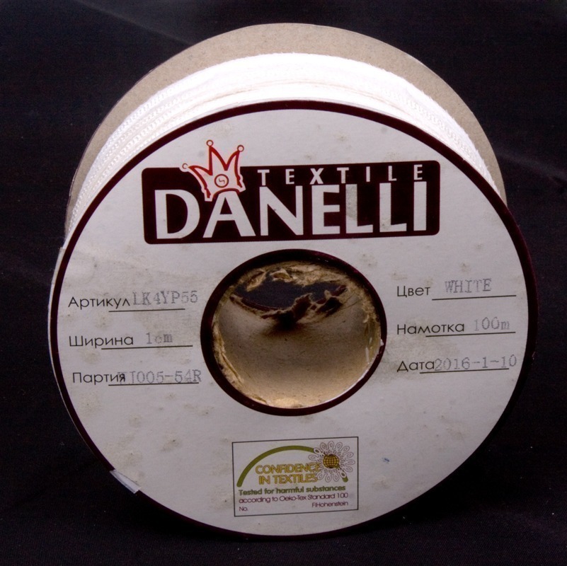 Тесьма в пройму по косой усиленная сутажом цв белый 10мм (рул 100м) Danelli LK4YP55 (WK551)3
