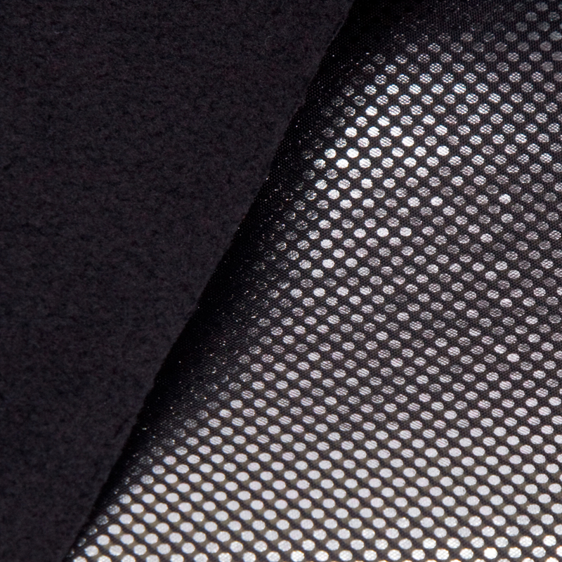 Ткань подкладочная на флисе, 200гр/м2, 100пэ, 150см, фольгированная (серебро), черный/S580, (50м) KS2
