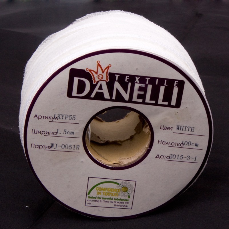 Тесьма в пройму по косой усиленная сутажом цв белый 15мм (рул 100м) Danelli LK4YP55 (WK551)1