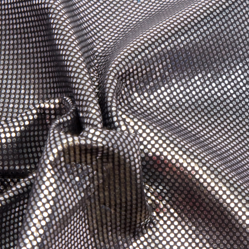 Ткань подкладочная на флисе, 200гр/м2, 100пэ, 150см, фольгированная (серебро), черный/S580, (50м) KS0