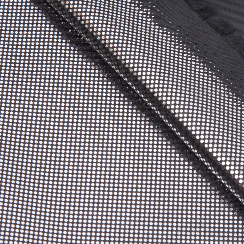 Ткань подкладочная 210T, 57гр/м2, 100пэ, 150см, фольгированная (серебро), черный/S580, (50м) KS3